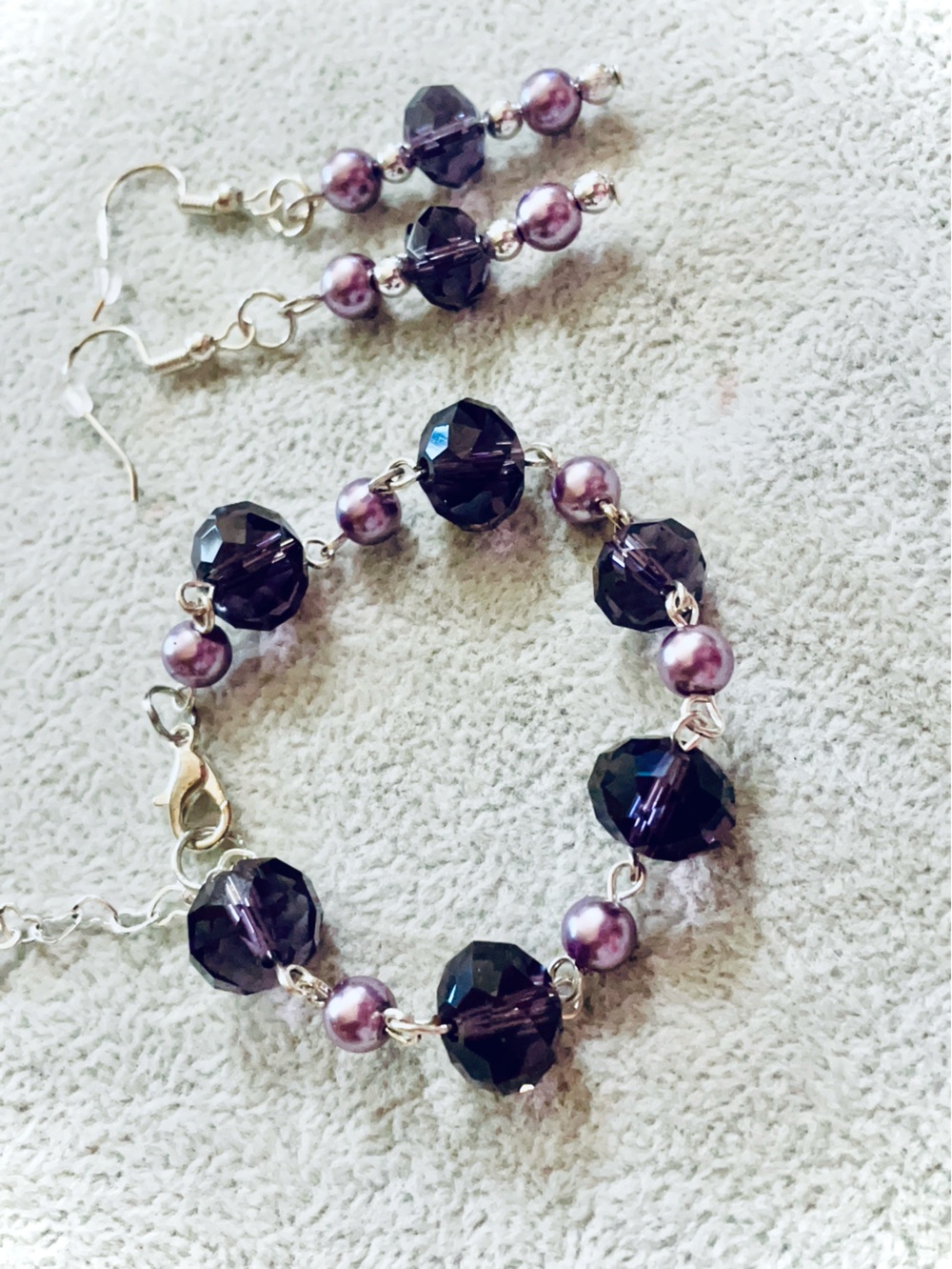 Hand Crafted Purple Faceted & Pearl Bead Bracelet with Matching Earrings